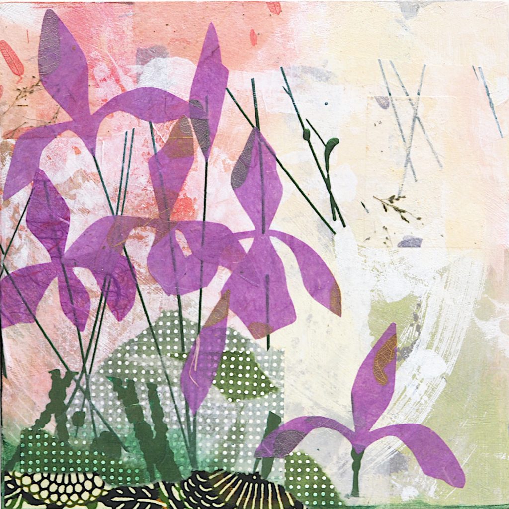 Mixed media art, abstract purple irises, 8" x 8"