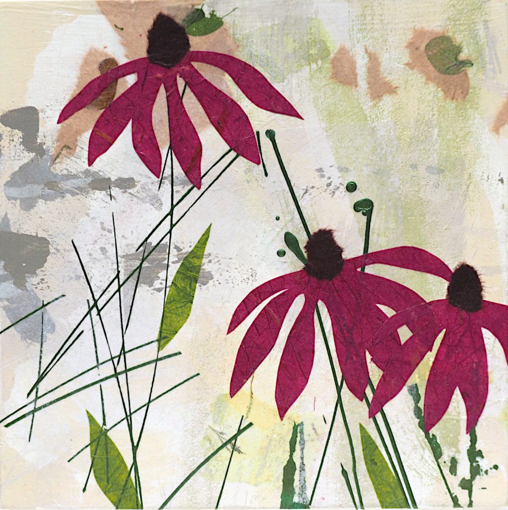 Abstract purple coneflowers, mixed media on 8x8 panel