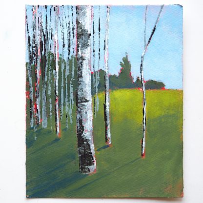 Landscape painting, aspen trees and a green field