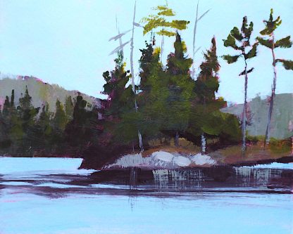 Landscape painting, lake with rocky island and pine trees