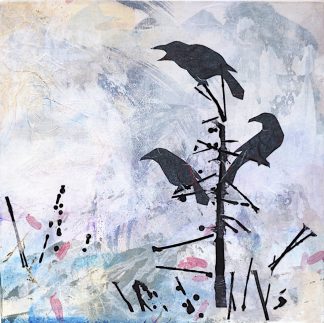 Mixed media, three perched crows