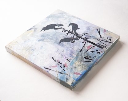 Mixed media, three perched crows