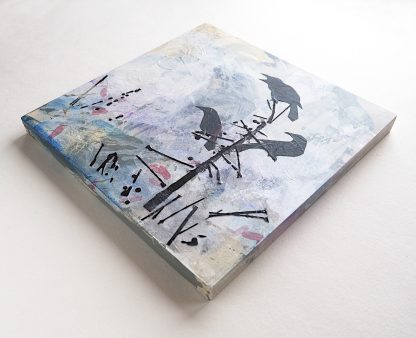 Mixed media, three perched crows