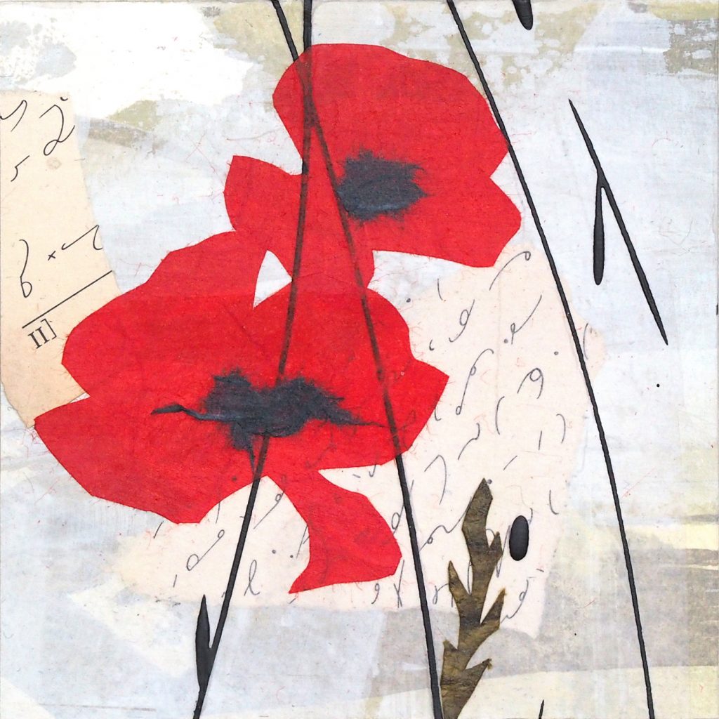 Red poppies, mixed media on paper, 6" x 6".