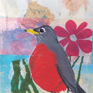 Robin with a pink flower, mixed media on paper