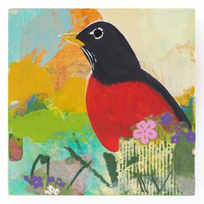 Robin with spring flowers, mixed media on panel