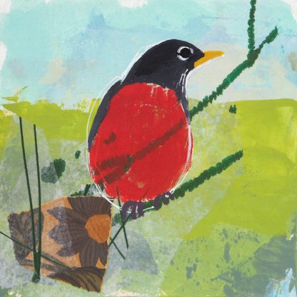 Robin in a spring landscape, mixed media on paper