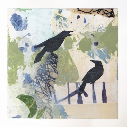 Two ravens, abstract mixed media on 6x6 wooden panel