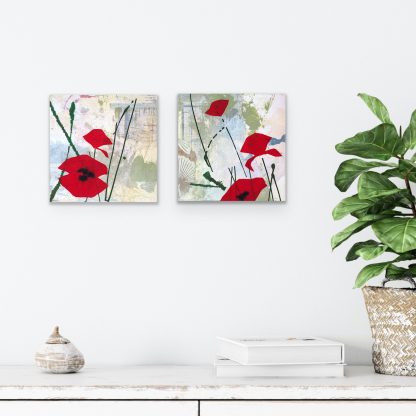 Red abstract poppies, mixed media on panel, set of 2