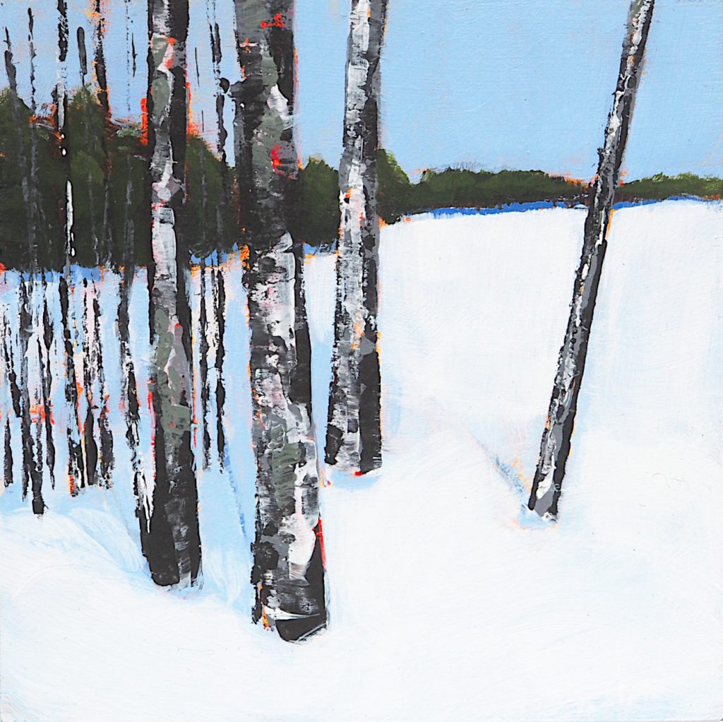 Winter landscape with aspen trees, acrylic on panel, 6" x 6".