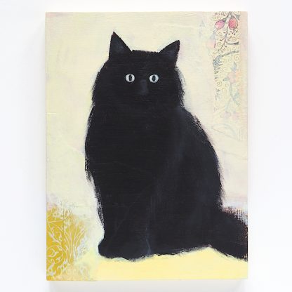Fluffy black cat, mixed media on panel