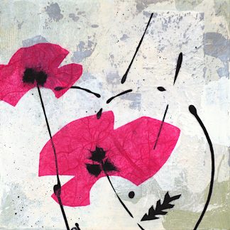 Pink abstract poppies, mixed media on panel
