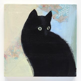 Small black cat, mixed media on panel
