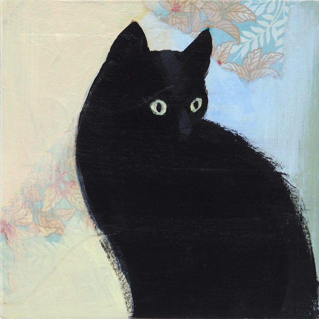 Small black cat, mixed media on panel
