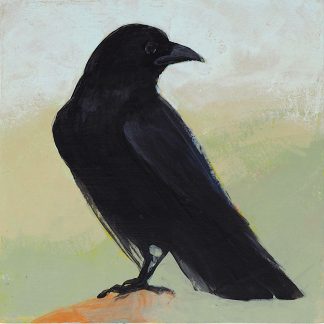 Perched crow, mixed media on panel