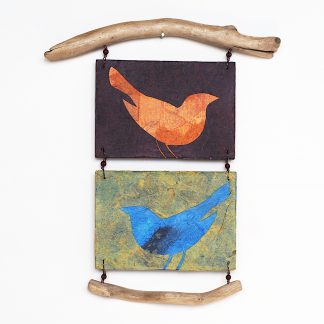 Two birds, abstract mixed media wall hanging