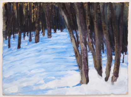 Landscape painting, winter forest with blue shadows
