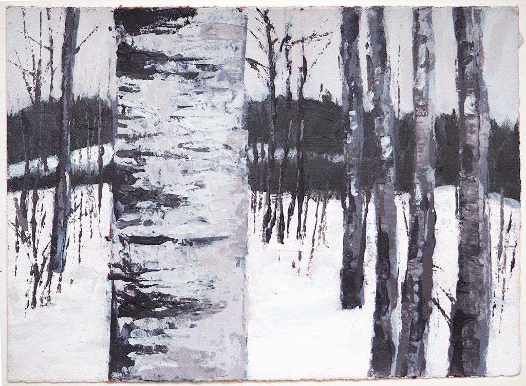 Landscape painting, large aspen tree in the snow