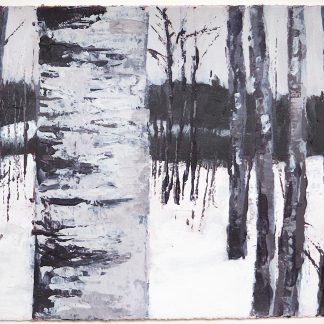 Landscape painting, large aspen tree in the snow