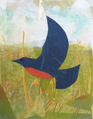 Mixed media bluebird in flight.