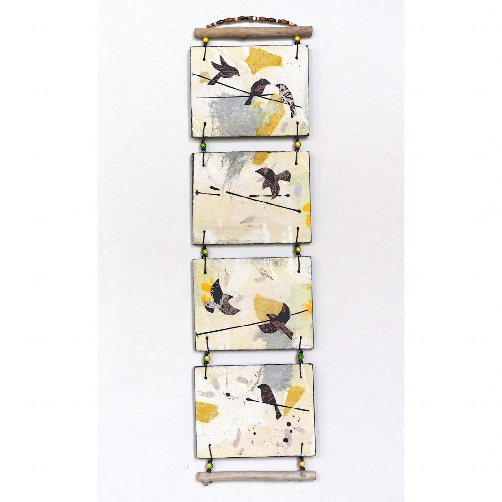 Abstract mixed media wall hanging, birds perched and in flight