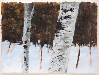 Landscape painting, winter forest with aspen trees