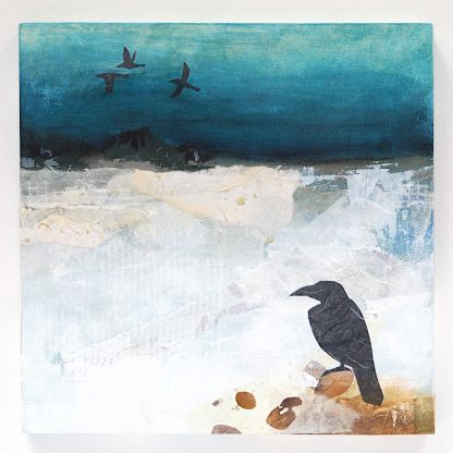 Abstract winter landscape with ravens, mixed media on panel