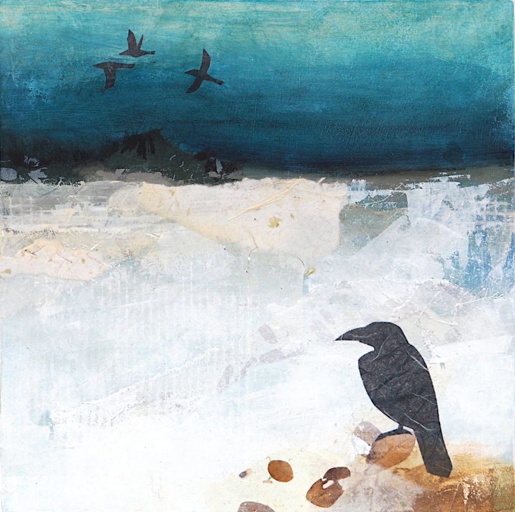 Abstract winter landscape with ravens, mixed media on panel.