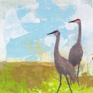Pair of sandhill cranes, mixed media on panel