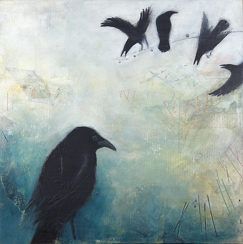 Five crows in an abstract landscape. "Audience," mixed media on panel.