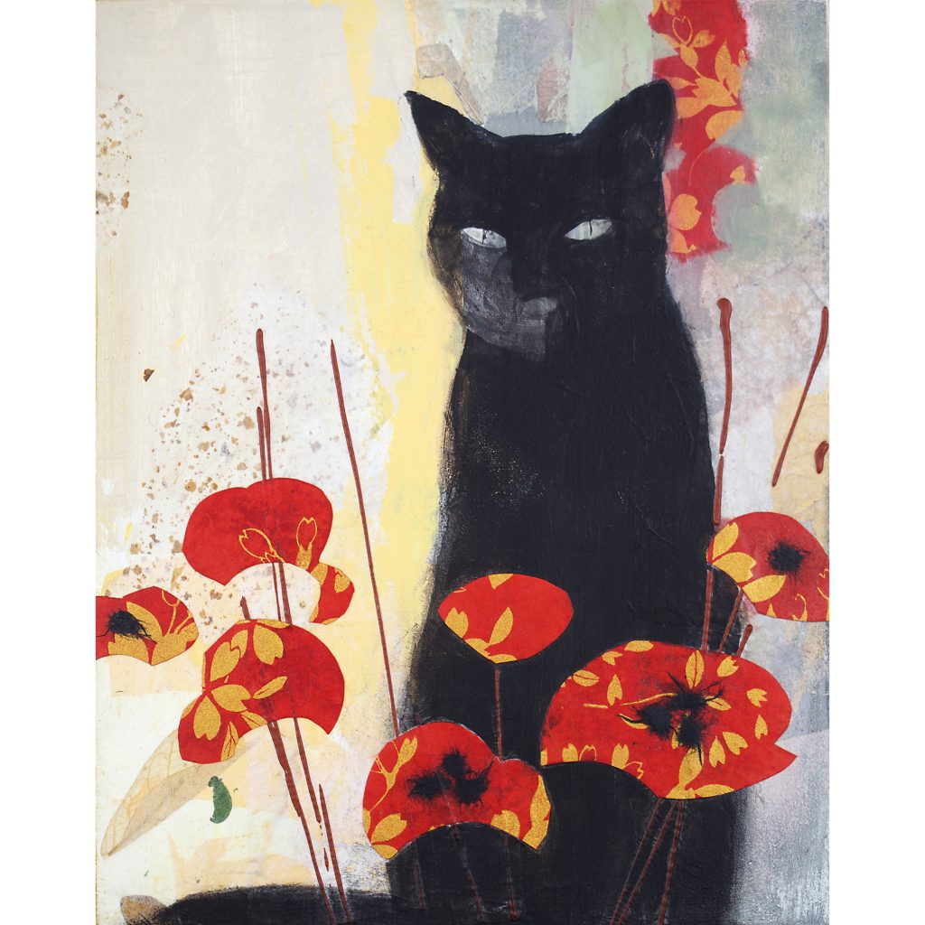 Black cat with scarlet and gold poppies, mixed media on panel, 8" x 10".
