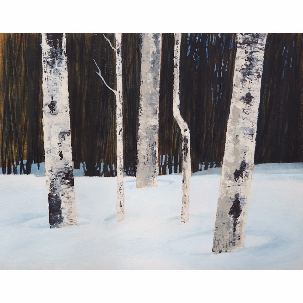 Winter landscape with five aspens, acrylic on paper, 11" x 14".