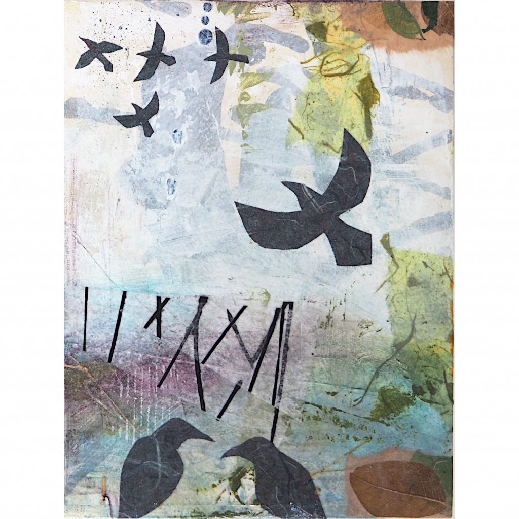 Seven ravens, abstract mixed media on 6x8 wooden panel