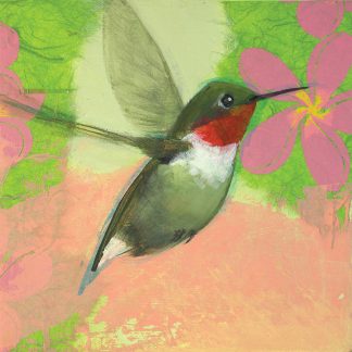 Hummingbird in flight, mixed media on panel, 6" x 6".