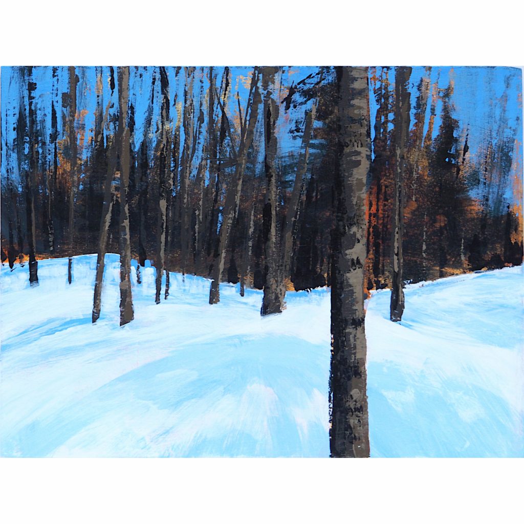 Winter landscape with deep blue sky, acrylic on panel, 8" x 6".