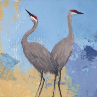 Dancing sandhill cranes, mixed media on panel, 6" x 6".