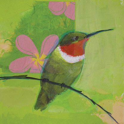 Perched hummingbird, mixed media on paper, 6" x 6".