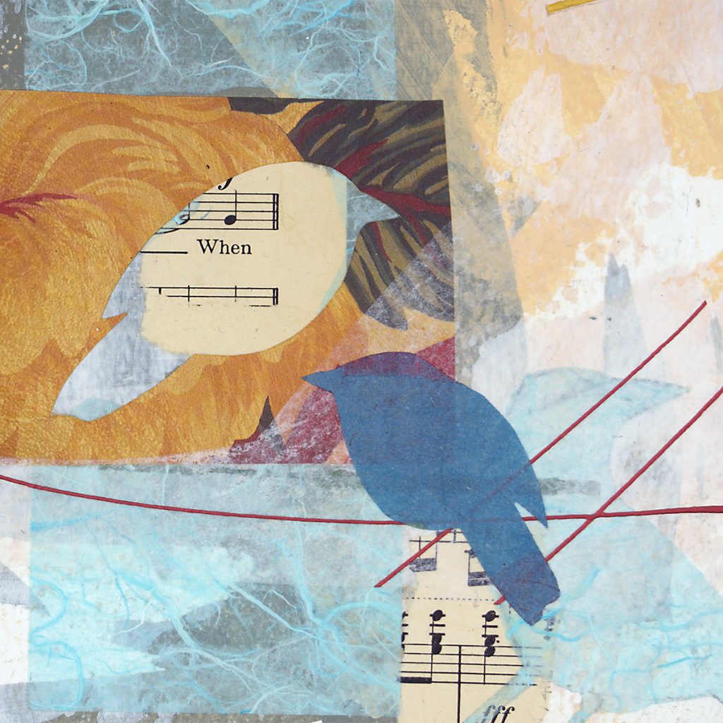 Mixed media on paper, abstract birds and music.