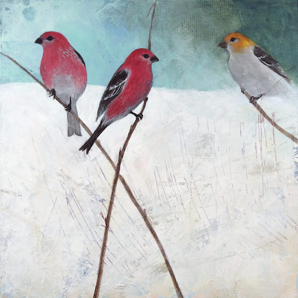 "Winter Visitors", mixed media on 16" x 16" panel.