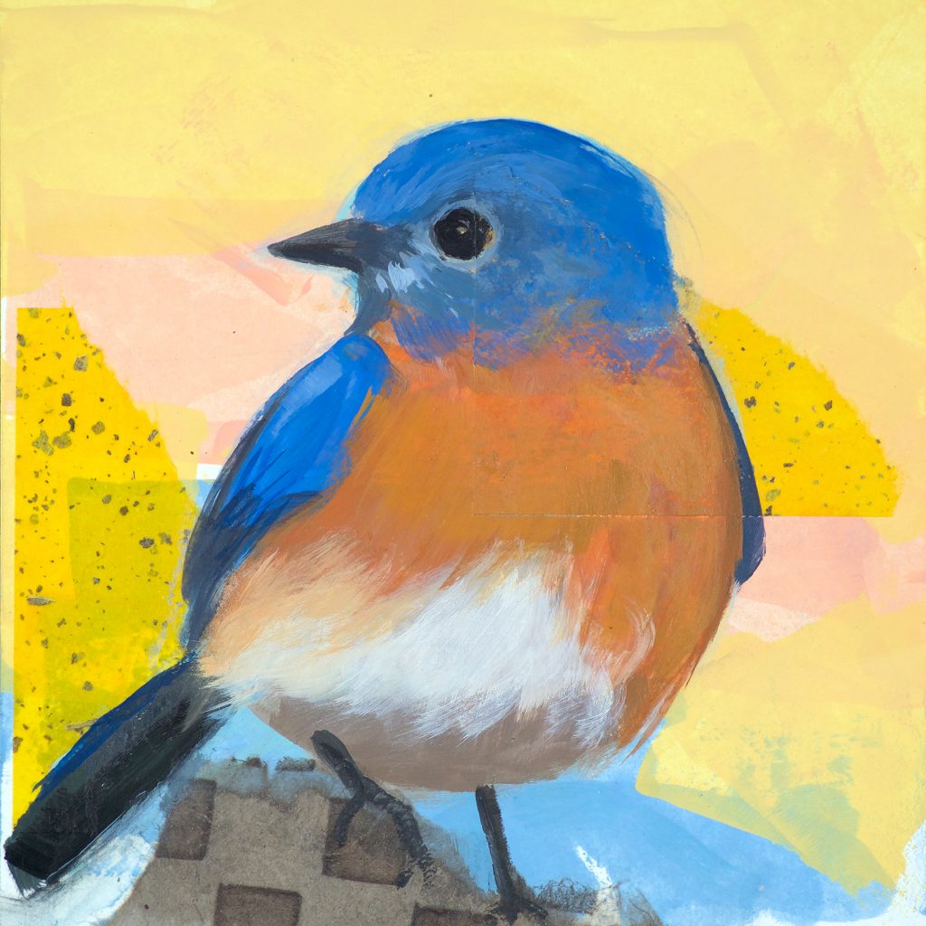 Bluebird with yellow background, mixed media on paper.