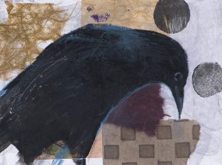 Raven against an abstract background, mixed media on paper.