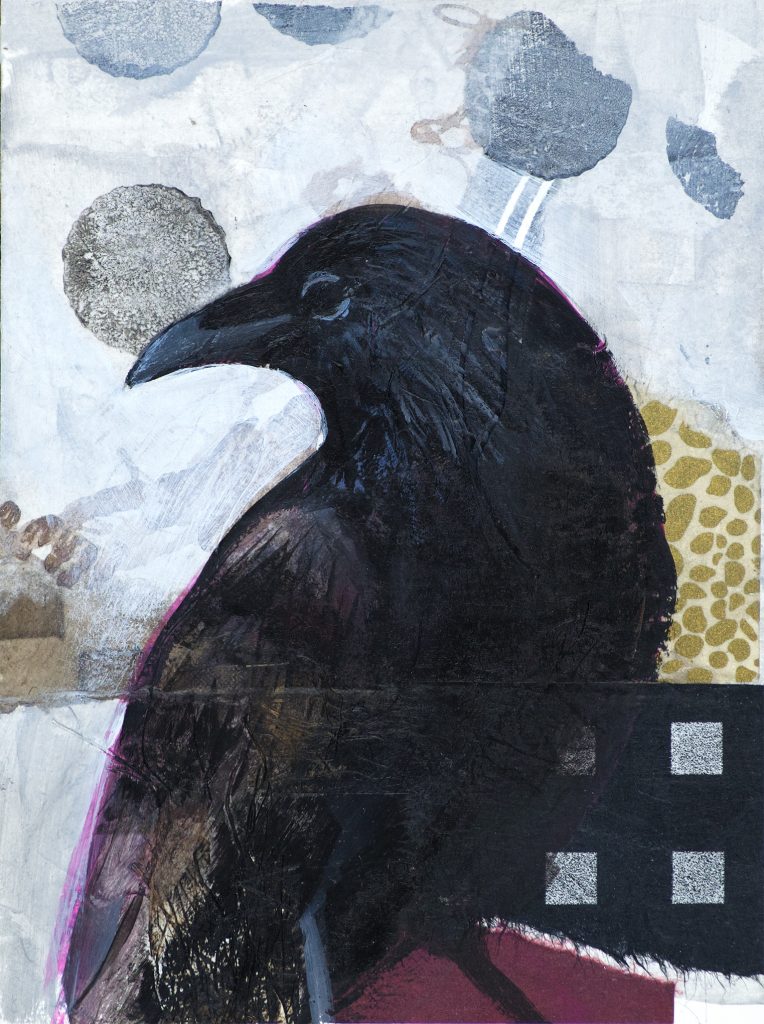 Raven against an abstract background, mixed media on paper.