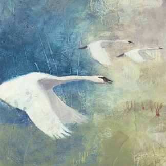 Three swans in flight, mixed media on panel.
