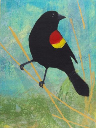 Perched red-winged blackbird, mixed media on panel.