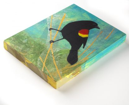 Perched red-winged blackbird, mixed media on panel.