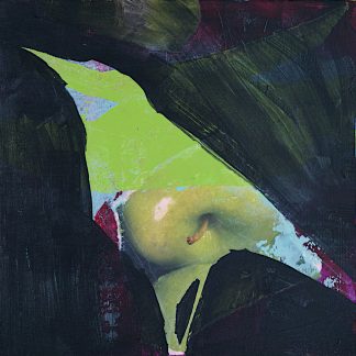 Abstract collage with bird silhouette, mixed media on paper.