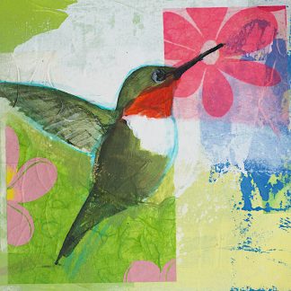 Hummingbird with a pink flower, mixed media on paper.