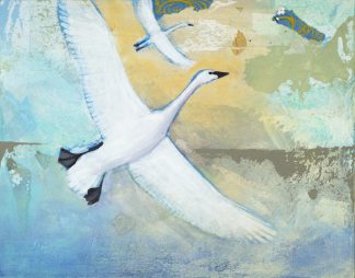 Swans in flight, mixed media on panel.