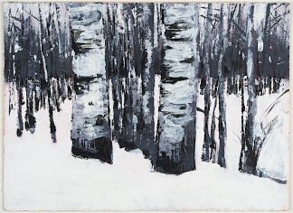 Winter landscape with aspen trees, acrylic on paper.
